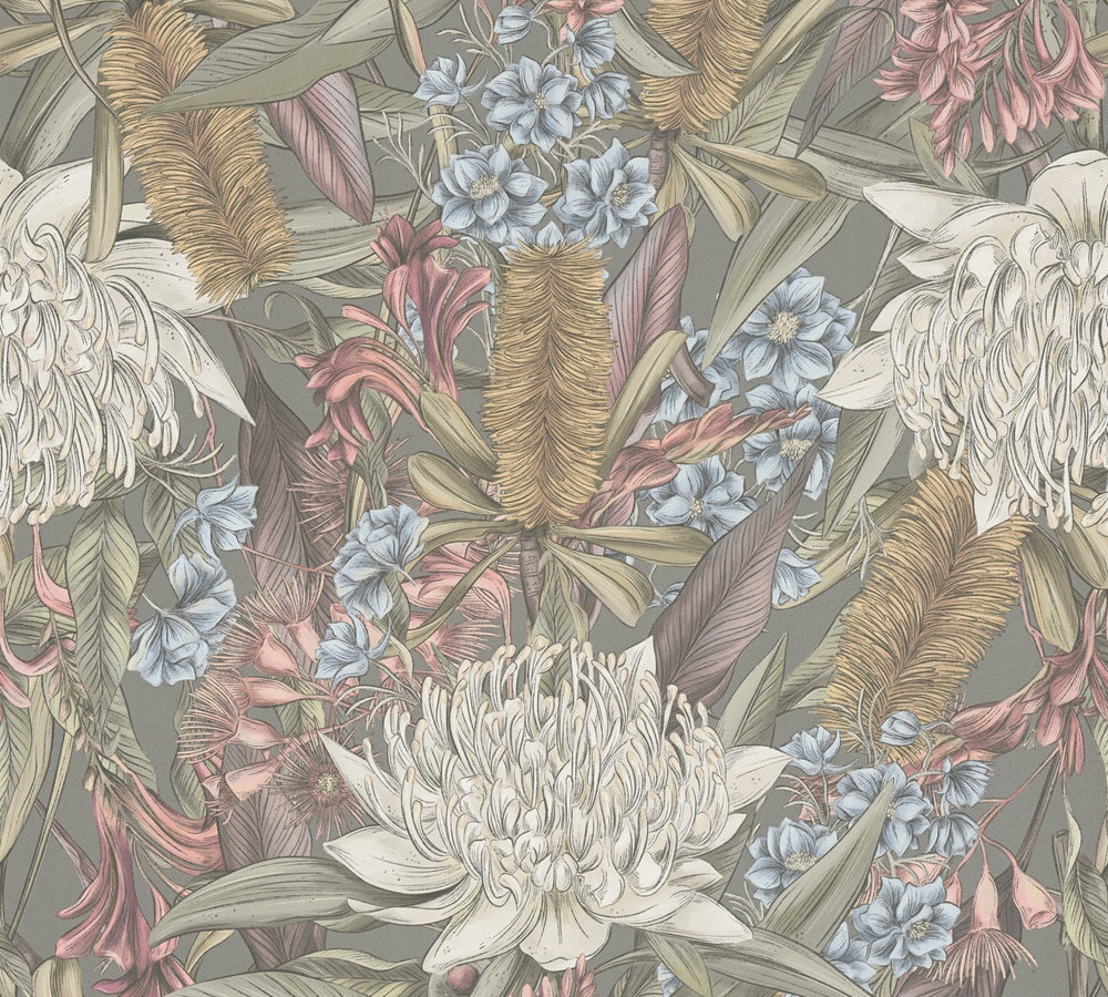 KLEURRIJKE BLOEMEN BEHANG | Floraal - Grijs Roze Groen Blauw Wit - Living Walls Drawn Into Nature