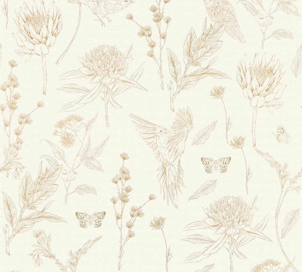 VOGELS EN VLINDERS BEHANG | Botanisch & Dieren - Wit Bruin Beige Oranje - Living Walls Drawn Into Nature