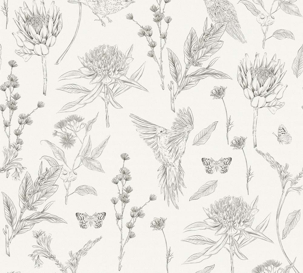 VOGELS EN VLINDERS BEHANG | Botanisch & Dieren - Wit Zwart - Living Walls Drawn Into Nature