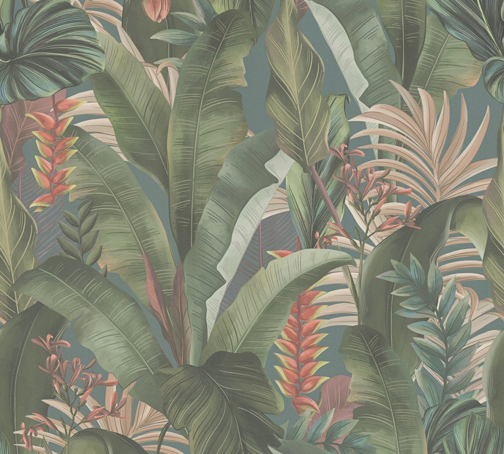 PALMBLADEREN BEHANG | Junglestijl - Blauw Petrol Groen Beige Rood - Living Walls Drawn Into Nature