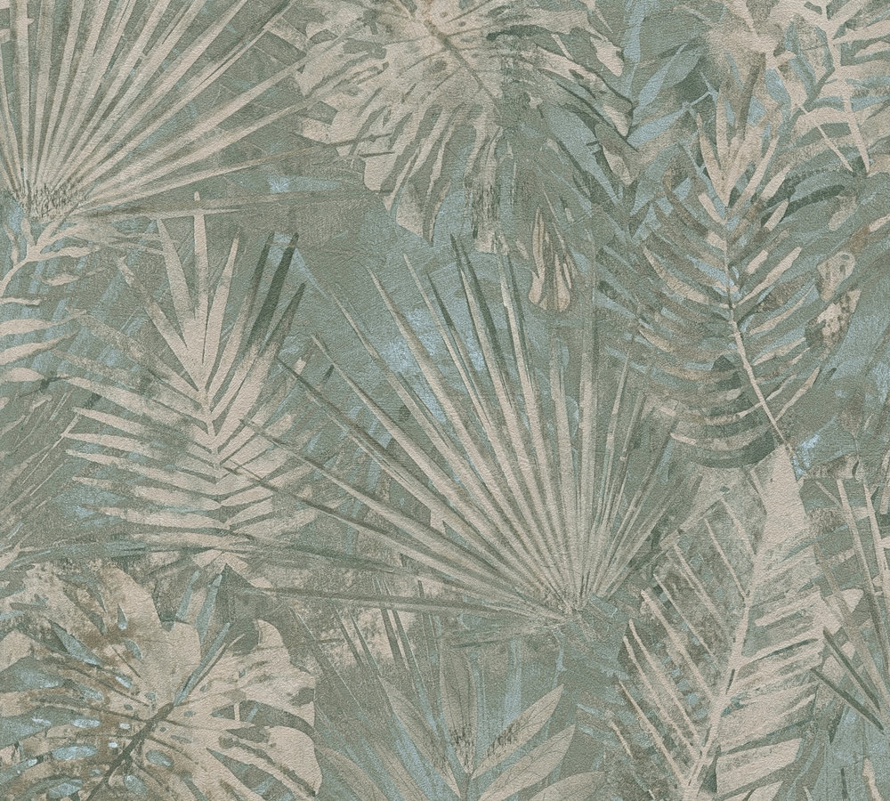 PALMBLADEREN BEHANG | Jungle - Groen Blauw Beige - A.S. Création Natural Living D`eco
