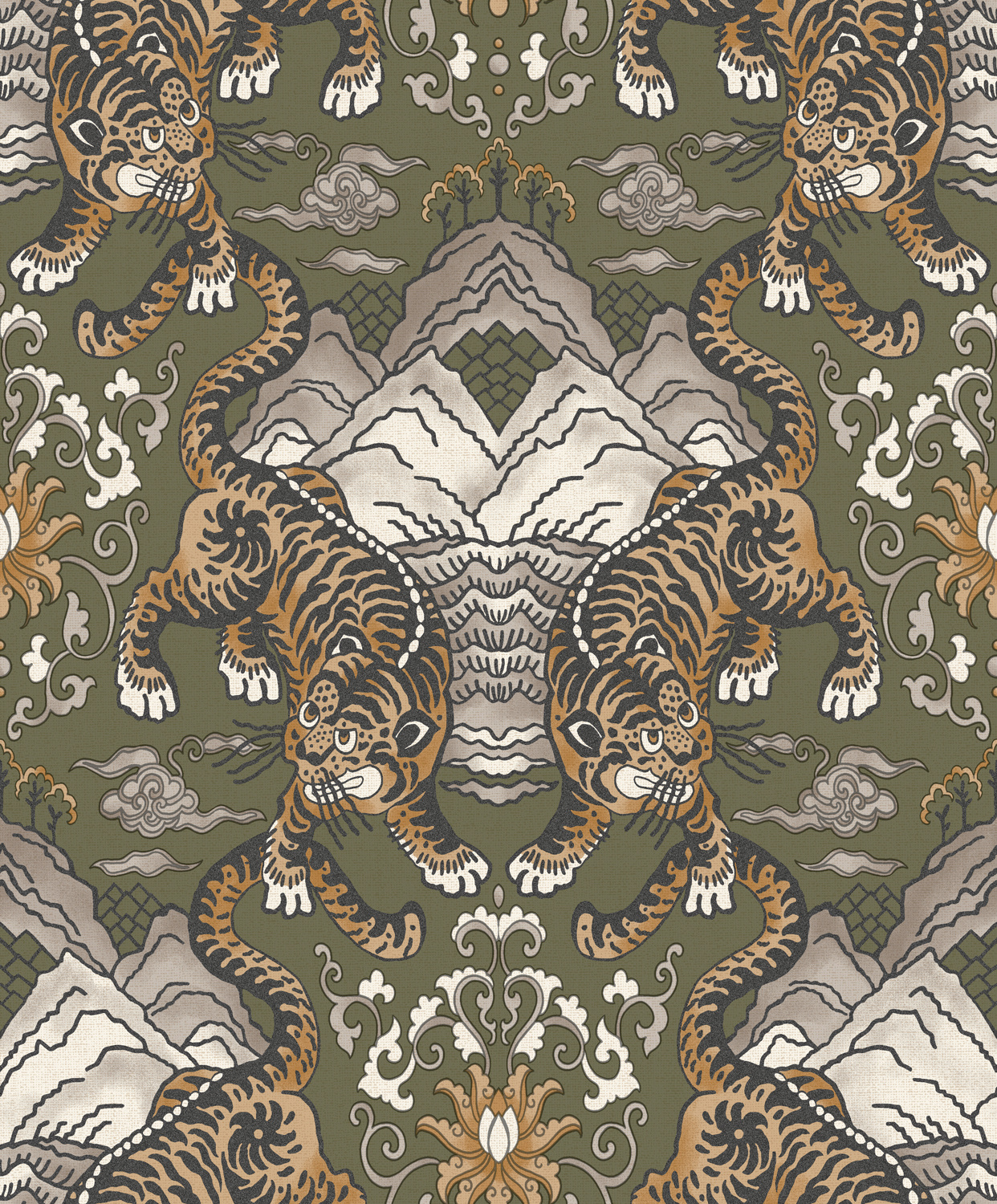 Dutch Wallcoverings Khalili - Tora Khaki - Groen/Oranje afbeelding