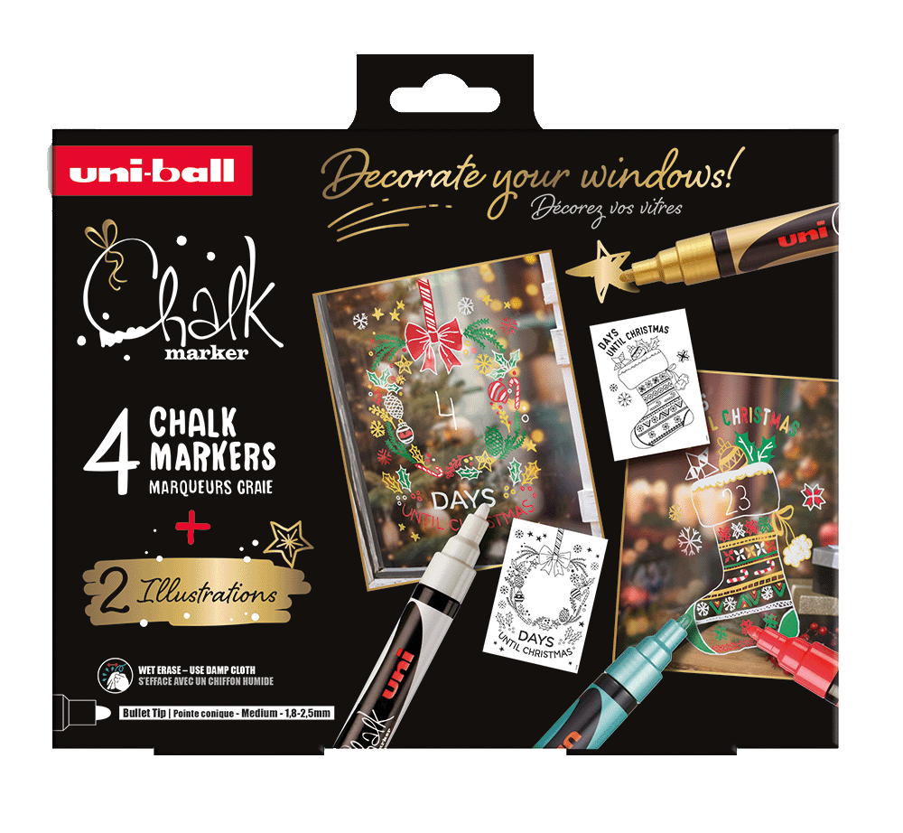Uni Chalk Marker 5M Set Raamtekeningen Traditionele Kerst 4 stuks