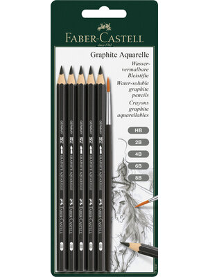 Faber Castell Aquarelpotlood Graphite - blister 5 stuks + penseel Faber Castell Aquarelpotlood Graphite - blister 5 stuks + penseel