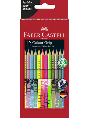 Faber Castell Grip Kleurpotloden - set 12 stuks - pastel, neon, metallic Faber Castell Grip Kleurpotloden - set 12 stuks - pastel, neon, metallic