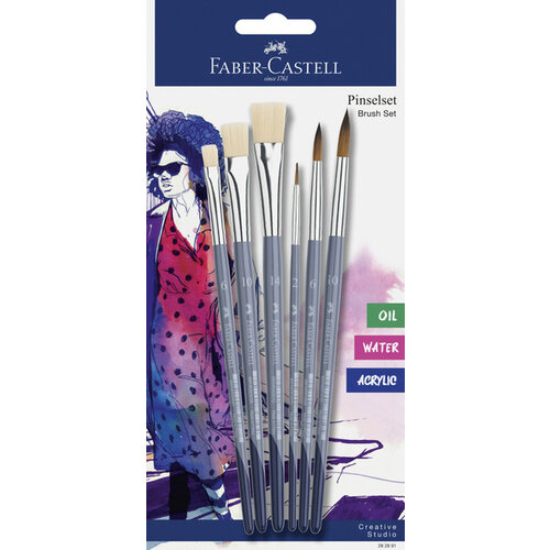 Faber Castell Penselenset - 6 stuks - 3x plat, 3x rond