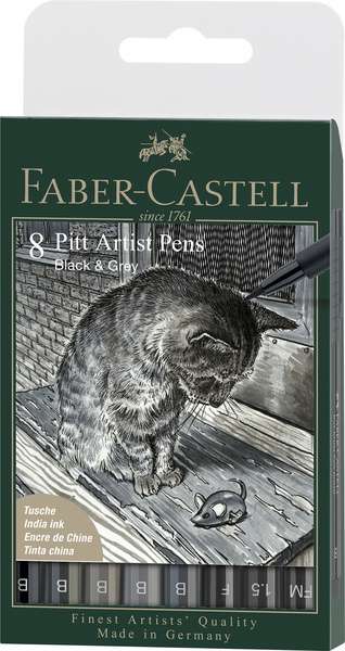 Faber Castell Tekenstift Pitt Artist Pen - etui 8 stuks - zwart en grijs afbeelding