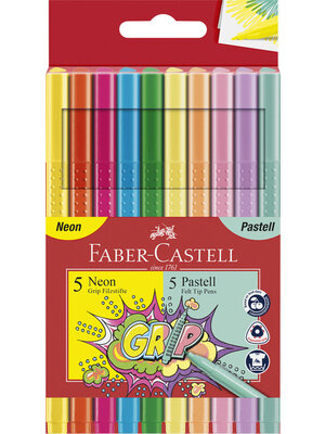 Faber Castell Viltstiften Grip - set 10 stuks - neon + pastel