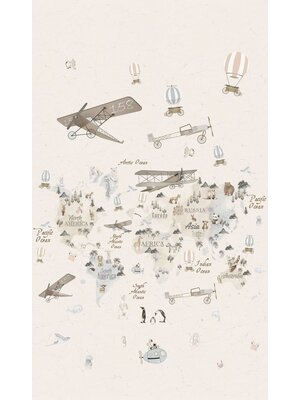 Noordwand Kids Walls Fotobehang met beige wereldkaart met dieren en vliegtuigen - 45856 Noordwand Kids Walls Fotobehang met beige wereldkaart met dieren en vliegtuigen - 45856
