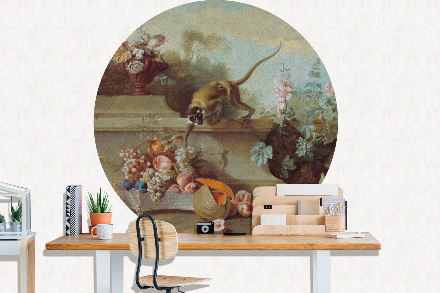 Dutch Painted Memories 2 - 8070C - Circle Still Life with Monkey, Fruits, and Flowers