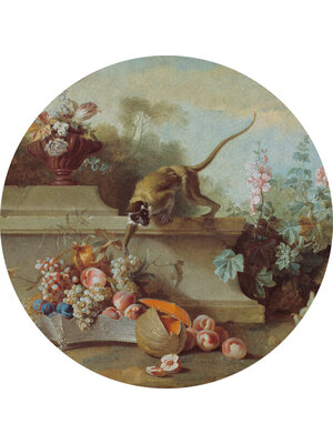 Dutch Painted Memories 2 - 8070C - Circle Still Life with Monkey, Fruits, and Flowers