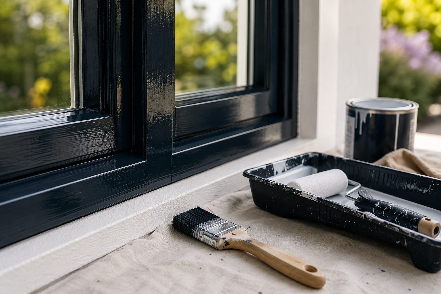 Schildergereedschap bij een strak afgewerkt houten kozijn