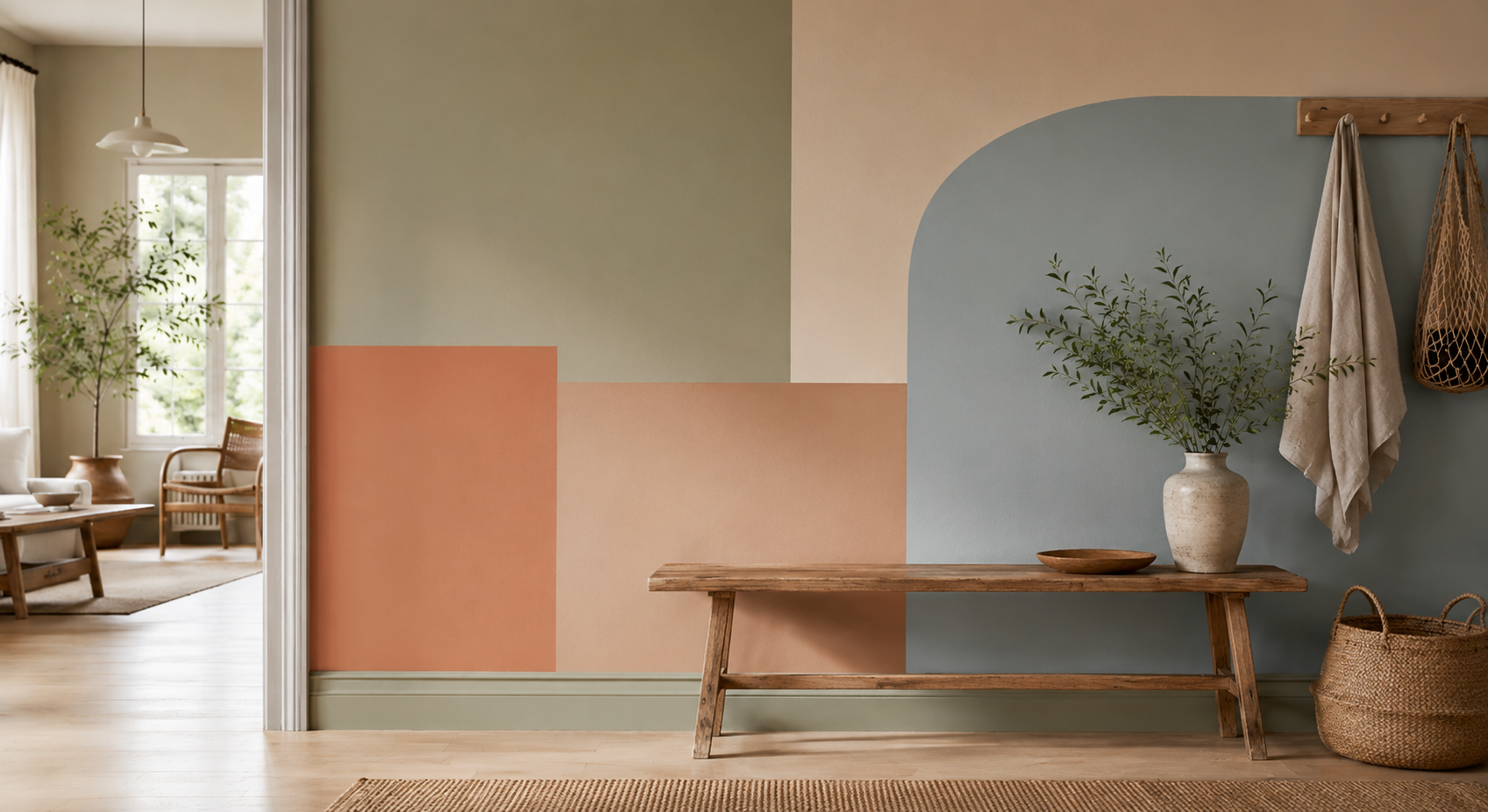 Kleurvlakken en geometrische vormen op een muur