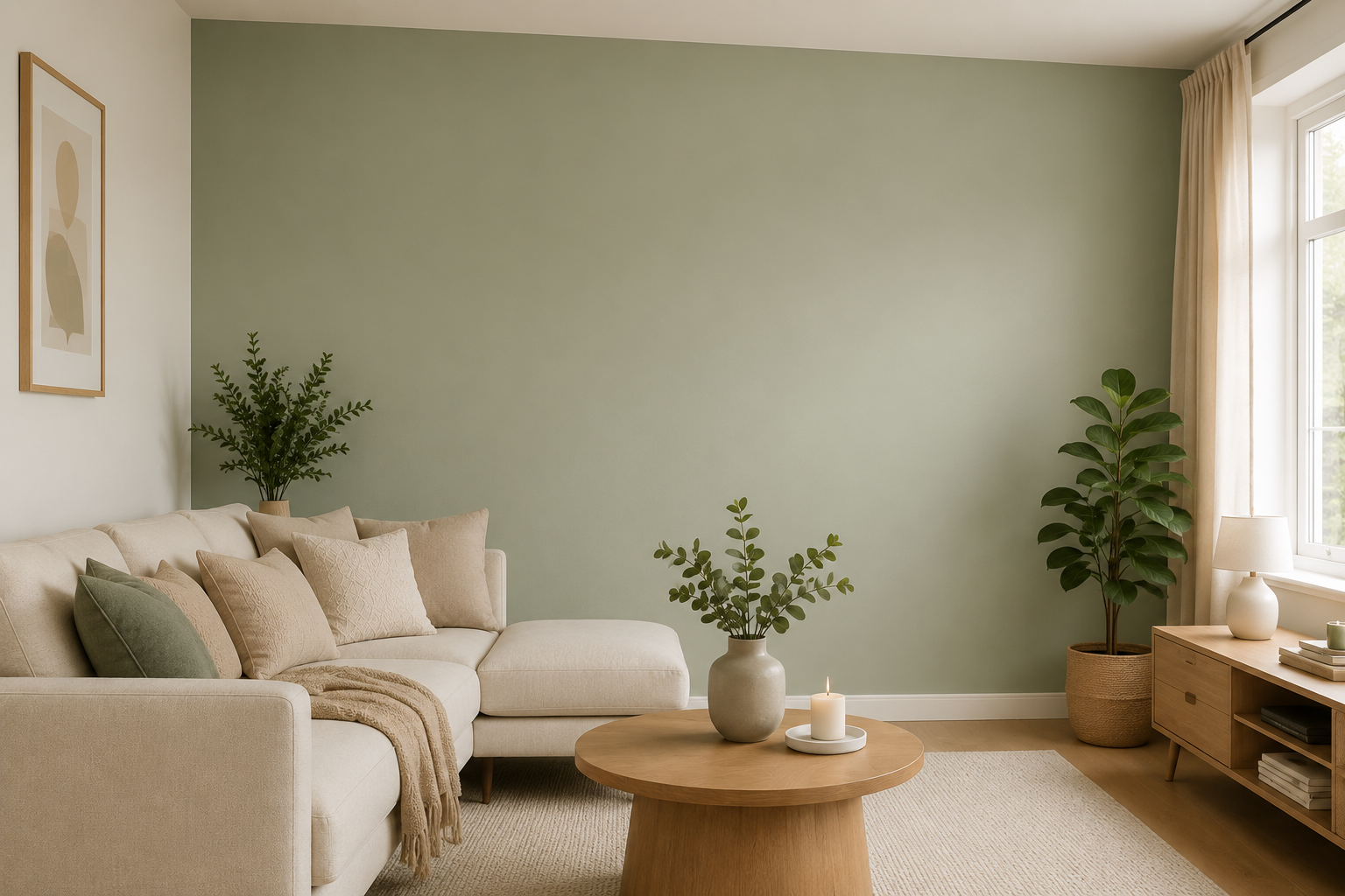 Woonkamer met een zachte accentkleur op de muur