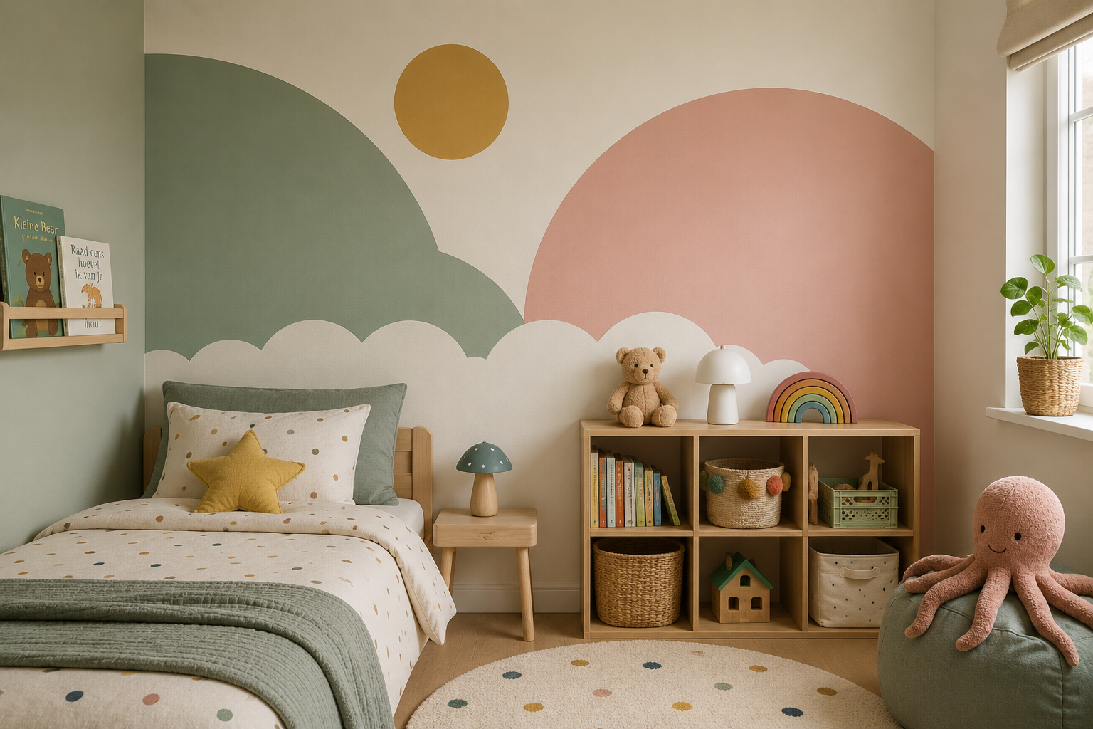 Kinderkamer met speelse geschilderde vormen
