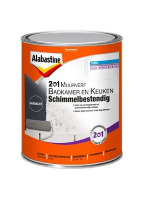 Alabastine 2-in-1 Muurverf Badkamer en Keuken Schimmelbestendig - 1 liter Antraciet Alabastine 2-in-1 Muurverf Badkamer en Keuken Schimmelbestendig - 1 liter Antraciet