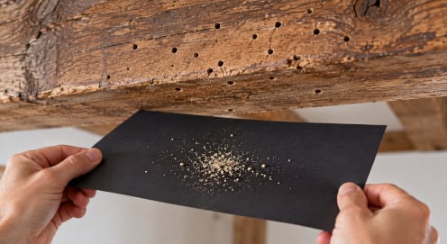Actieve houtworm herkennen met schoon papier onder aangetast hout