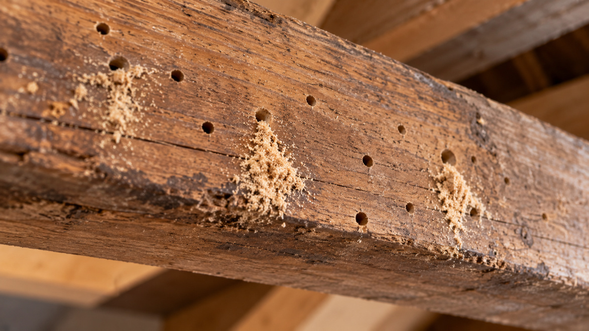 Houtworm herkennen aan gaatjes en vers boormeel in een houten balk