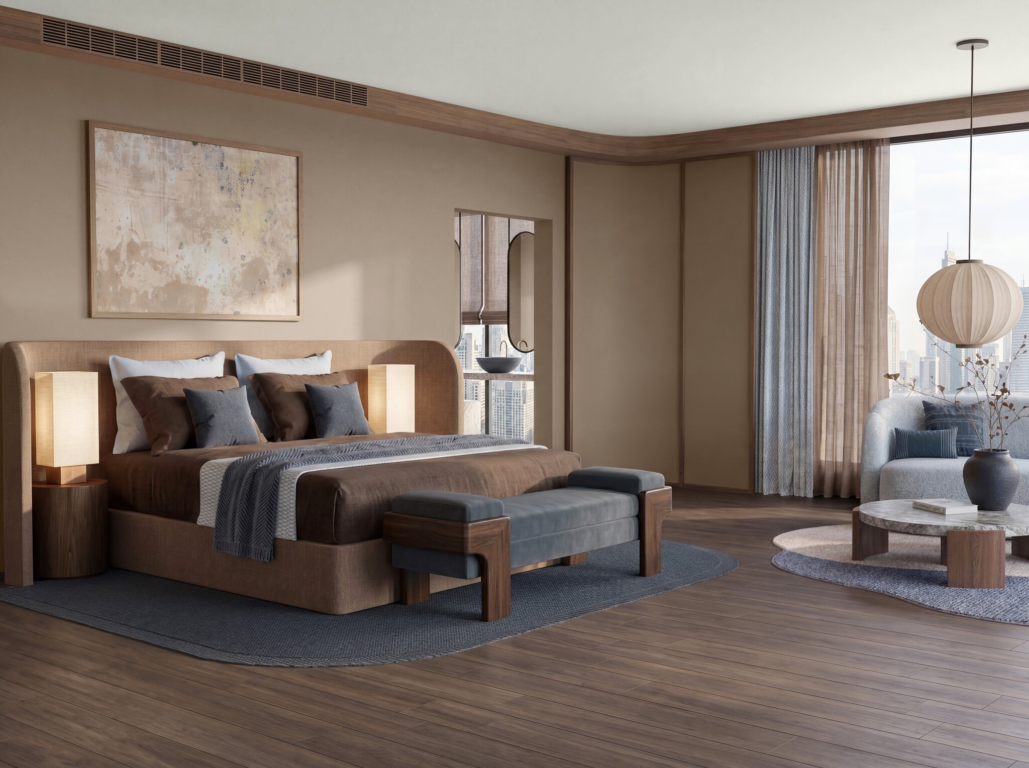 Slaapkamer met Country Soil, warme houttinten en grijsblauwe accenten uit Solid Ground