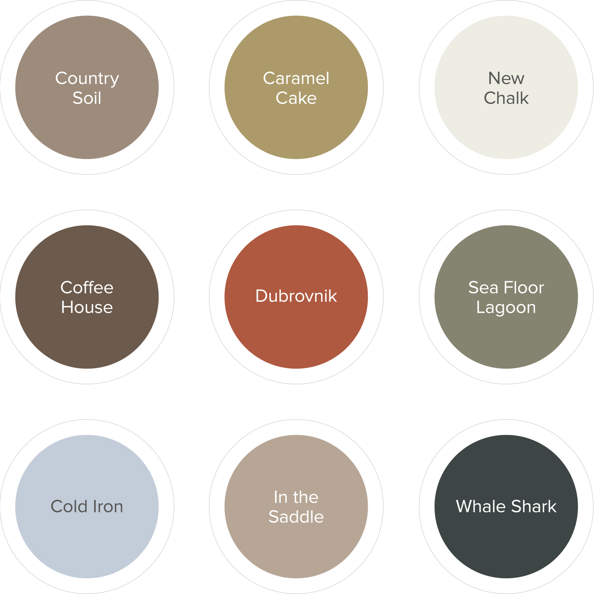 Solid Ground-kleurpalet met negen benoemde kleuren: Country Soil, Caramel Cake, New Chalk, Coffee House, Dubrovnik, Sea Floor Lagoon, Cold Iron, In the Saddle en Whale Shark