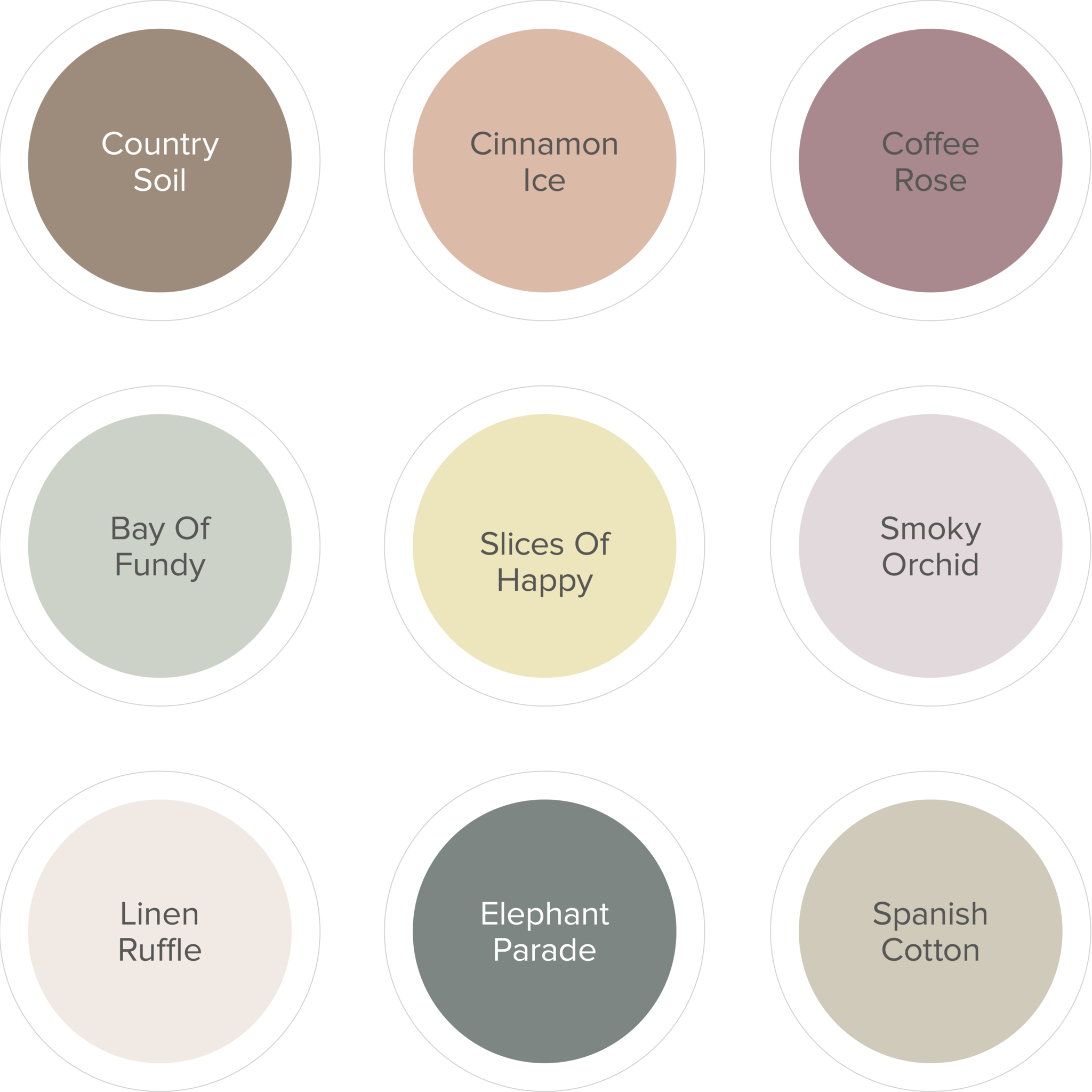 Quiet Zone-kleurpalet met negen benoemde kleuren: Country Soil, Cinnamon Ice, Coffee Rose, Bay of Fundy, Slices of Happy, Smoky Orchid, Linen Ruffle, Elephant Parade en Spanish Cotton