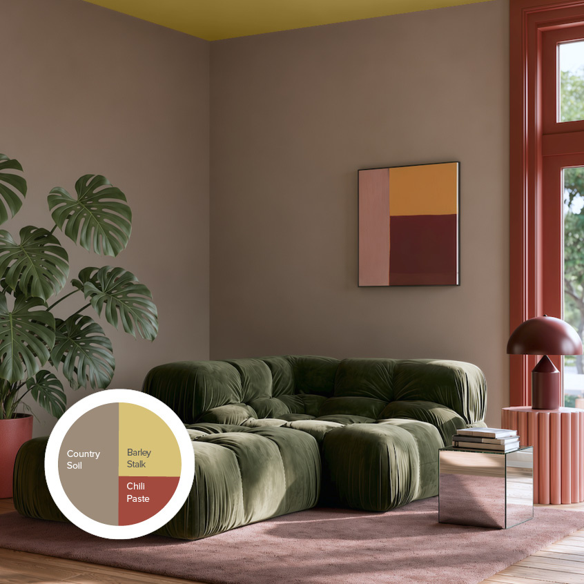 Life Shared-woonkamer met Country Soil, een gele plafondkleur, rode accenten en een groene bank