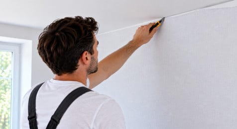 Overtollig renovlies langs plafond en plint afsnijden