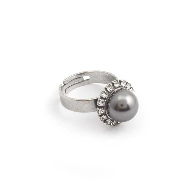 Grijze parel ring 10 mm dark grey parel en kristal