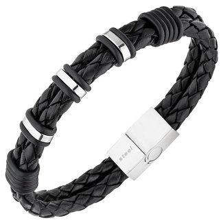 JOBO Herenarmband gevlochten zwart leer