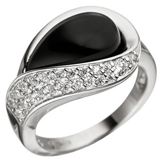 Jograbo Zilveren ring onyx druppel en zirkonia