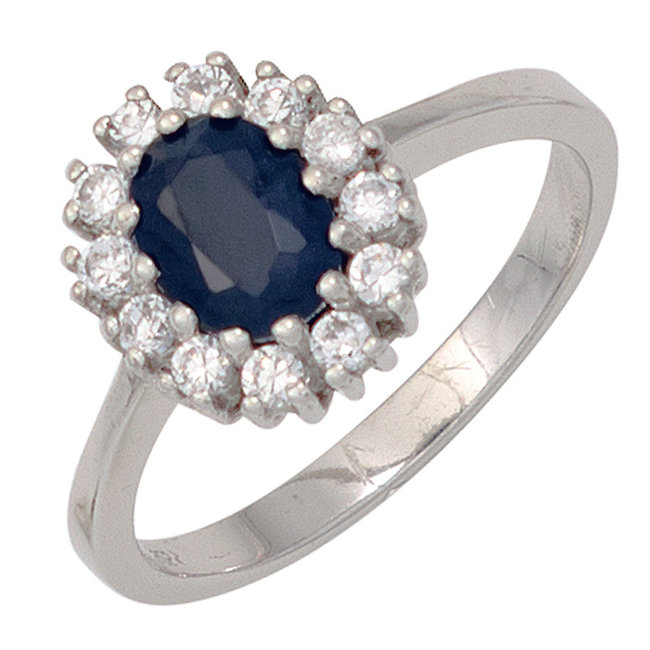 Zilveren ring (925) met blauwe saffier en 12 zirkonia's