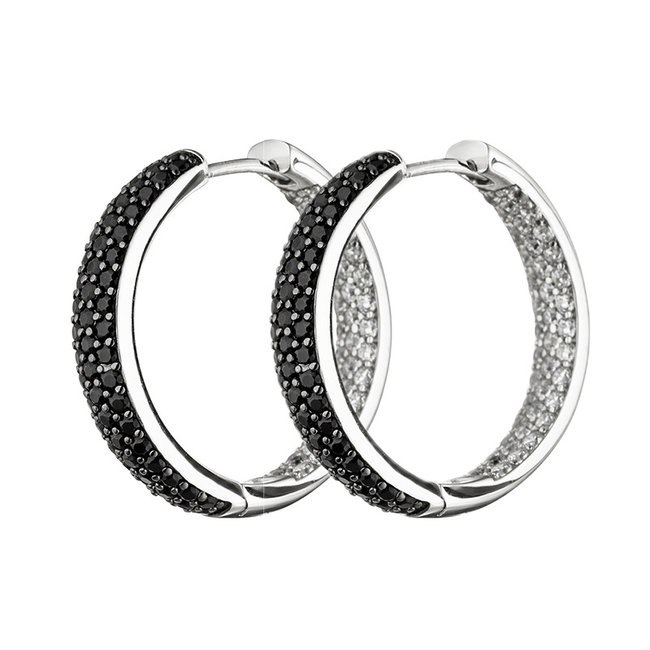 Creool oorbellen in 925 sterling zilver met zirkonia's in zwart en wit