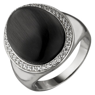 JOBO Zilveren ring zwarte steen en zirkonia
