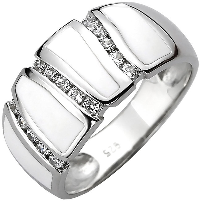 Zilveren ring met 15 zirkonia's en ingezet wit emaille