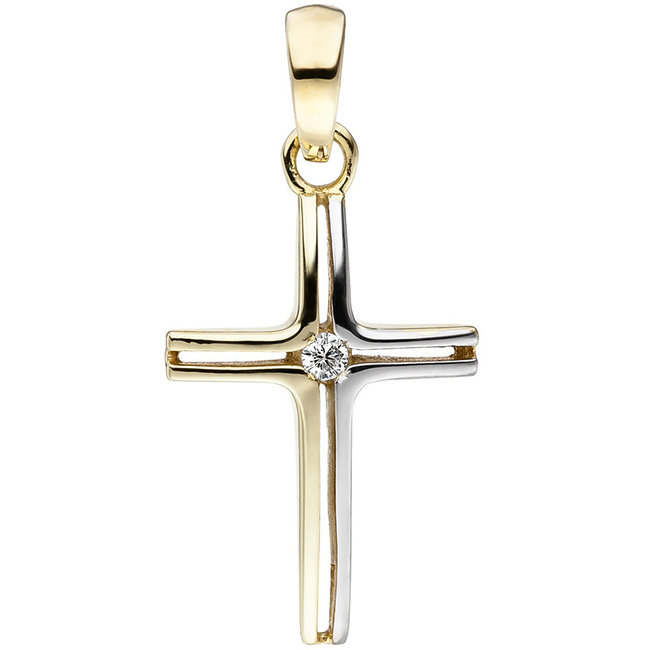 Gouden hanger kruis 9 karaat met zirkonia bicolor