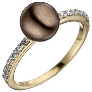 JOBO Gouden ring met bruine parel en zirkonias