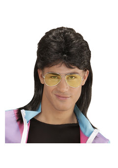 pruik, mullet met bril zwart