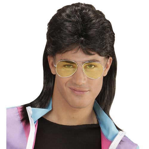 pruik, mullet met bril zwart