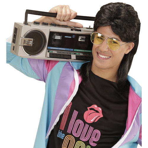 pruik, mullet met bril zwart