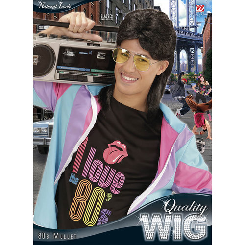 pruik, mullet met bril zwart