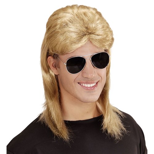 pruik, mullet met bril blond