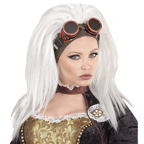 pruik, steampunk met stofbril