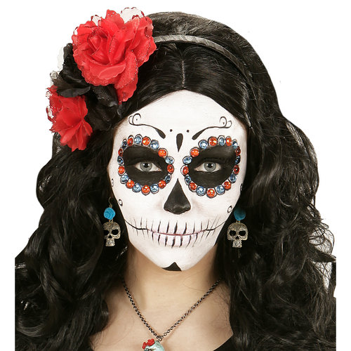 oorringen schedel en roos, goud/azuur