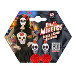 oorringen witte schedel, rode roos