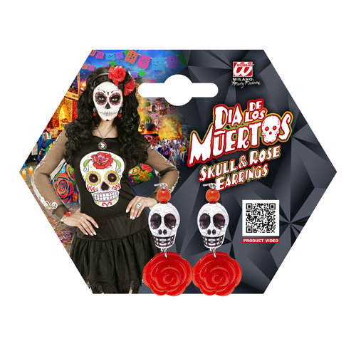 oorringen witte schedel, rode roos