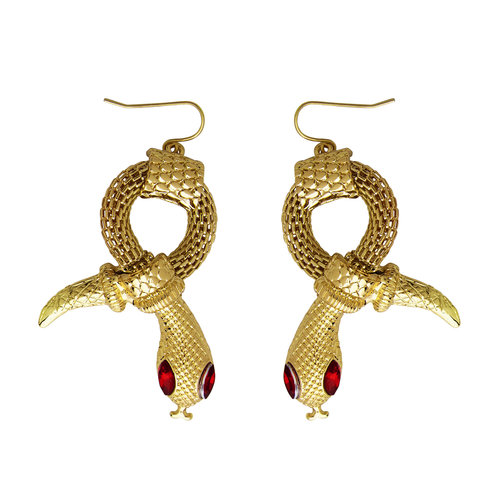 oorbellen slang van goud met rode steen ogen
