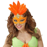 oogmasker brazilie met veren en parels, neon oranje