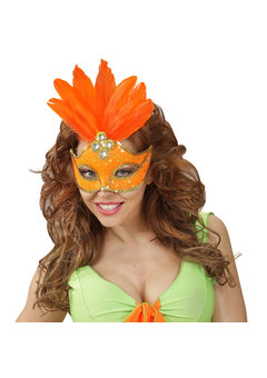 oogmasker brazilie met veren en parels, neon oranje