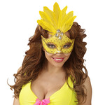 oogmasker brazilie met veren en parels, neon geel