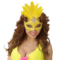 oogmasker brazilie met veren en parels, neon geel